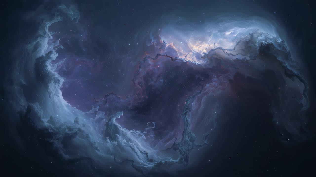 Opening sequence showing nebula undulating in star field, with glowing purple and blue gas