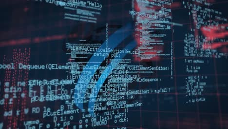 animazione di globo rotante e elaborazione dei dati su rete di griglia su sfondo blu