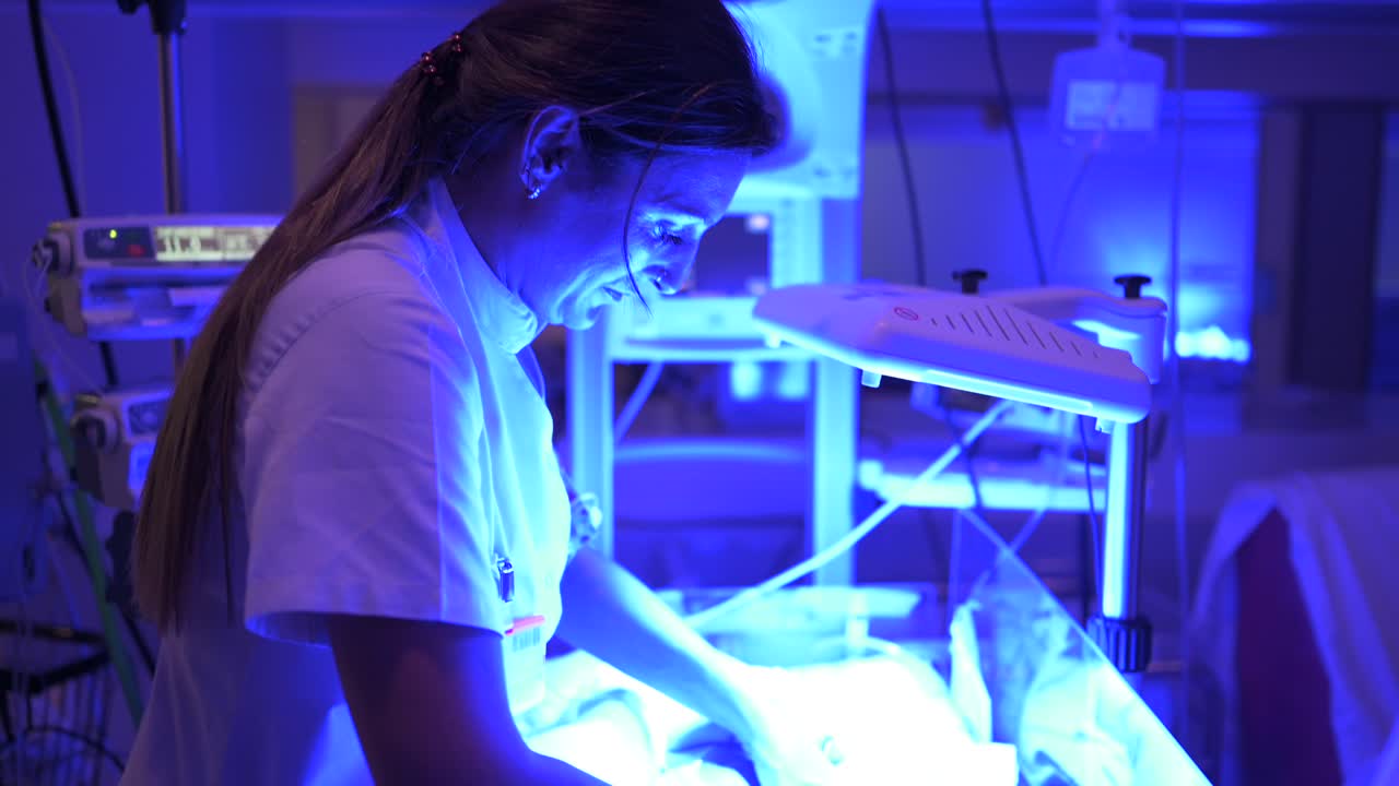 Nurse touching fragile newborn in neonatal incubator