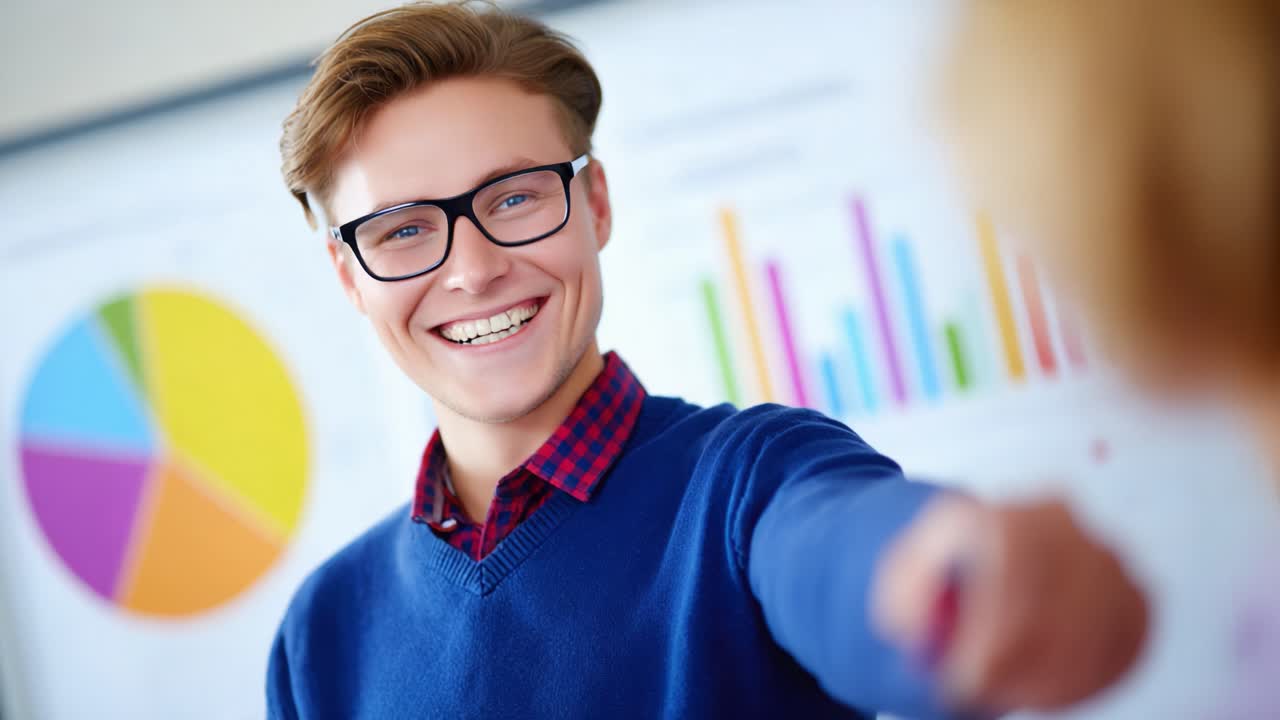 A Young Professional Engaging with an Audience While Presenting Data in a Modern Office Environment, Showcasing Enthusiasm and Connectivity in Communication