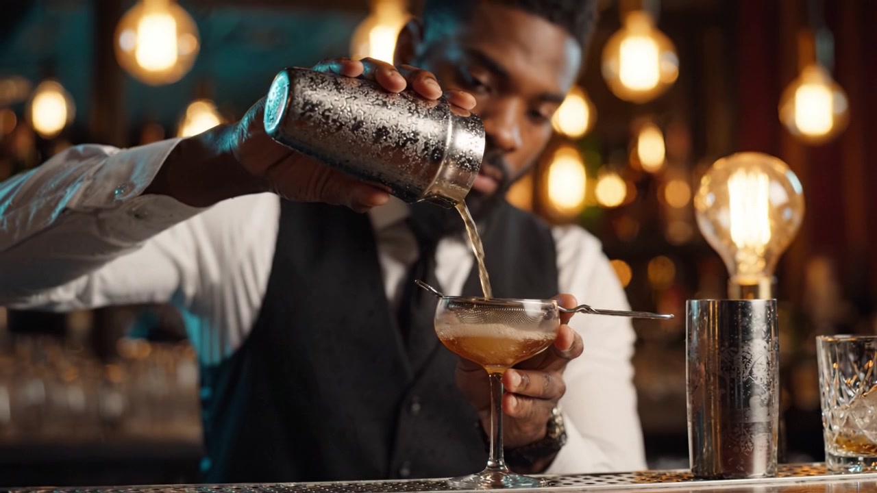 Crafting Artisanal Cocktails: A Skilled Bartender Pours and Presents a Beautifully Finished Drink in an Elegant Setting with Ambient Lighting