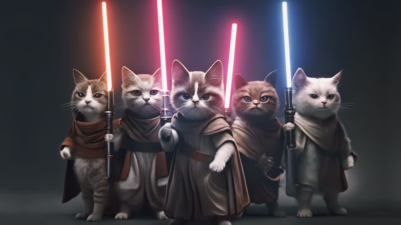 cinco gatos jedi de pie con sus sables de luz