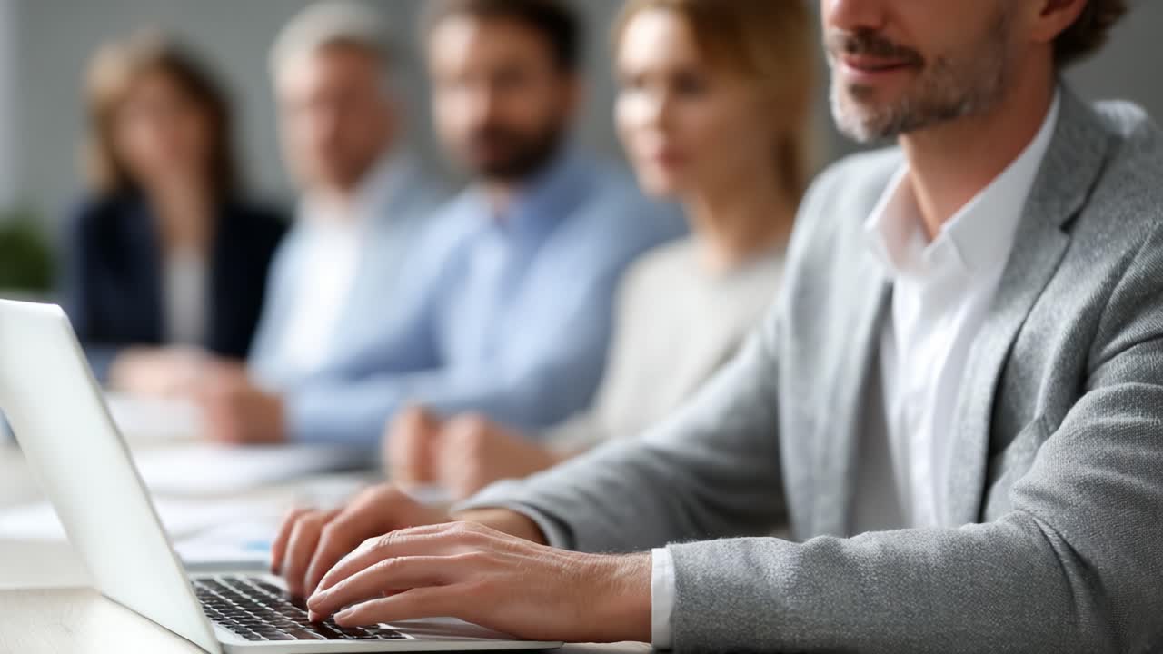 A Professional Engaged in Work on a Laptop at a Meeting, Surrounded by Colleagues in a Collaborative Environment Fostering Communication and Innovation