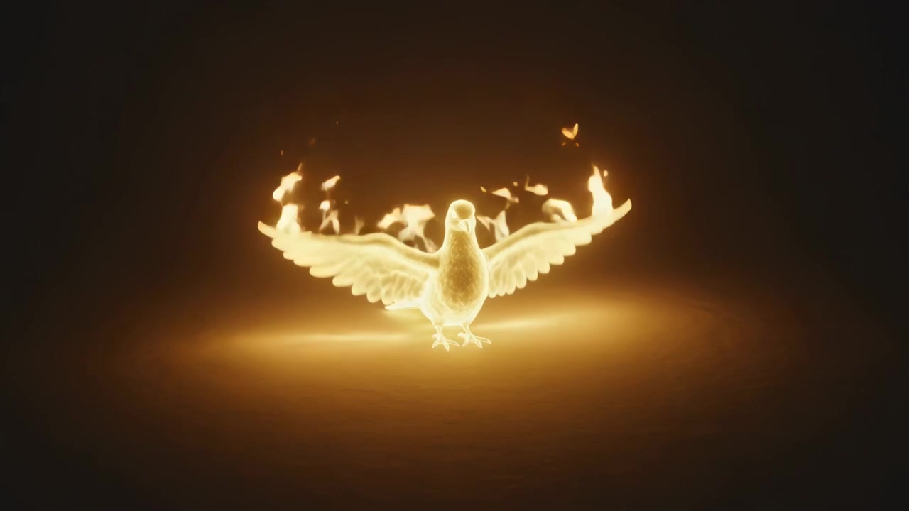 Wings lifting, glowing bird forming wing flames and casting sparks in dark void, brightening halo