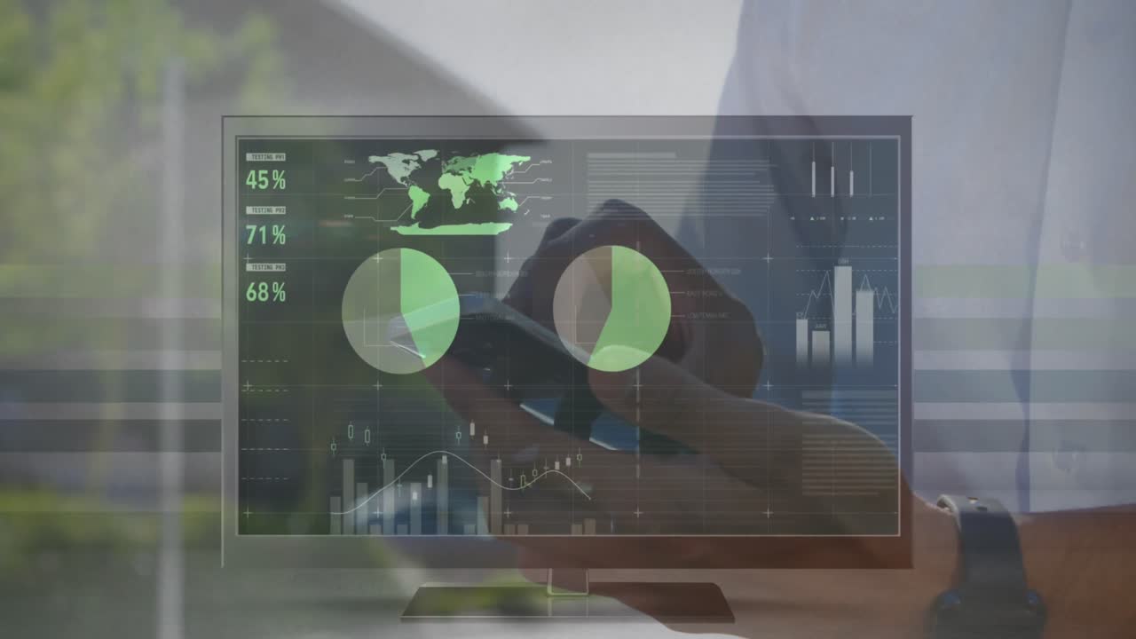 animación del procesamiento de datos sobre un empresario caucásico que usa un teléfono inteligente