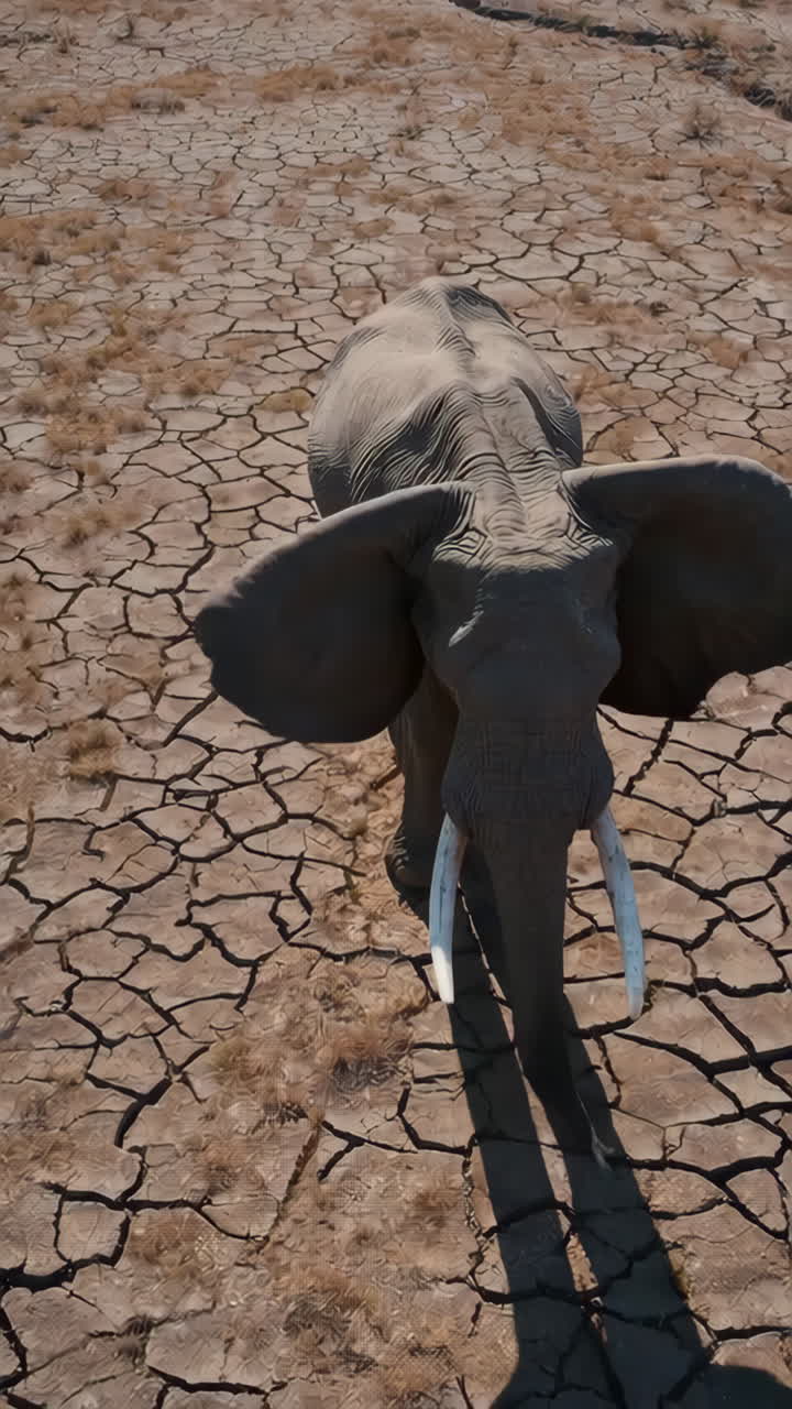 Elephant in a Dry, Cracked Savanna Landscape