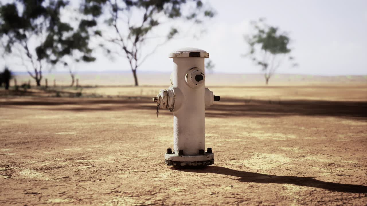 Fire hydrant stands alone in a dry open landscape under a clear sky