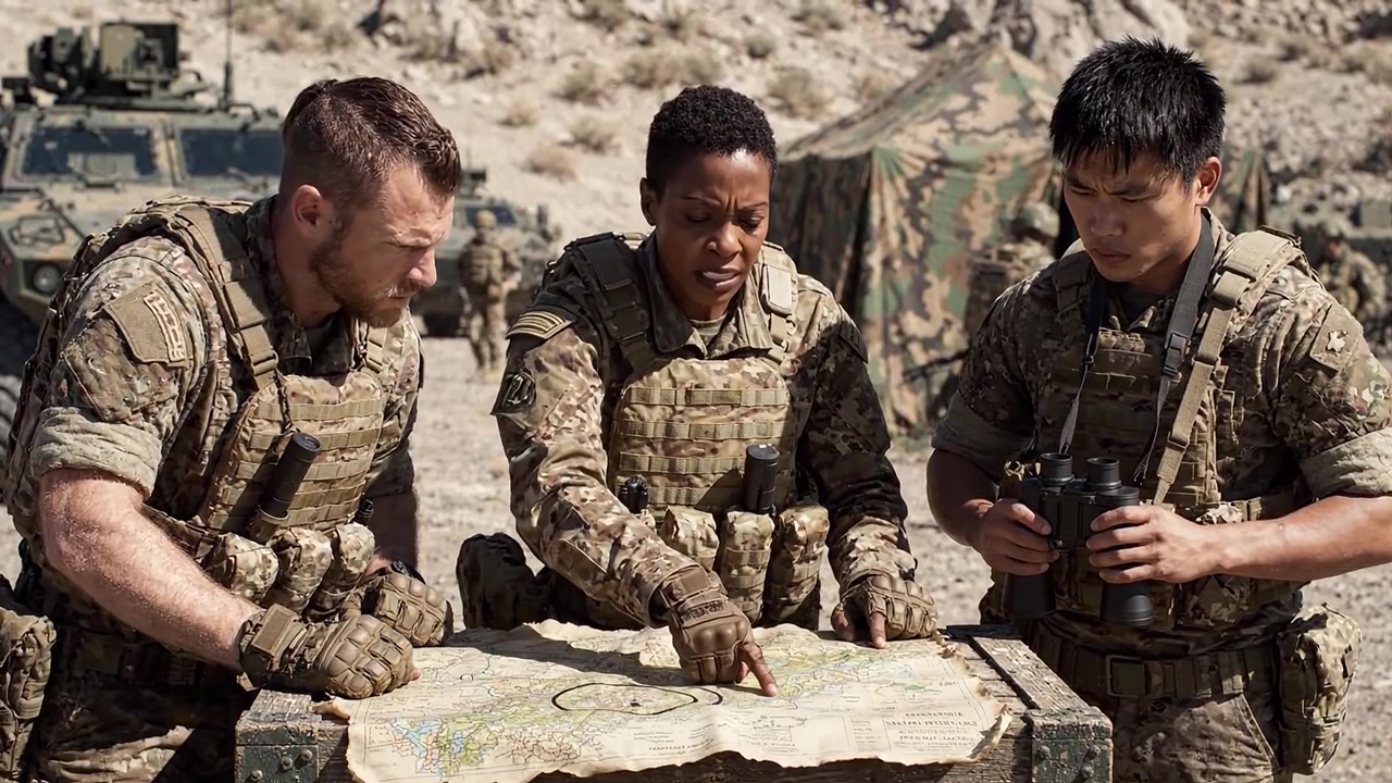Military Personnel Analyzing Tactical Map in Desert Environment with Vehicles and Equipment in Background