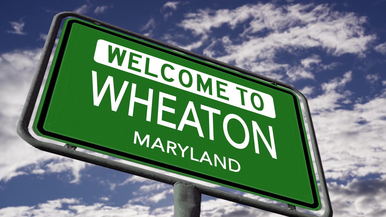 Selamat datang di Wheaton, Maryland. Rambu Jalan Kota AS, Animasi 3D Realistis