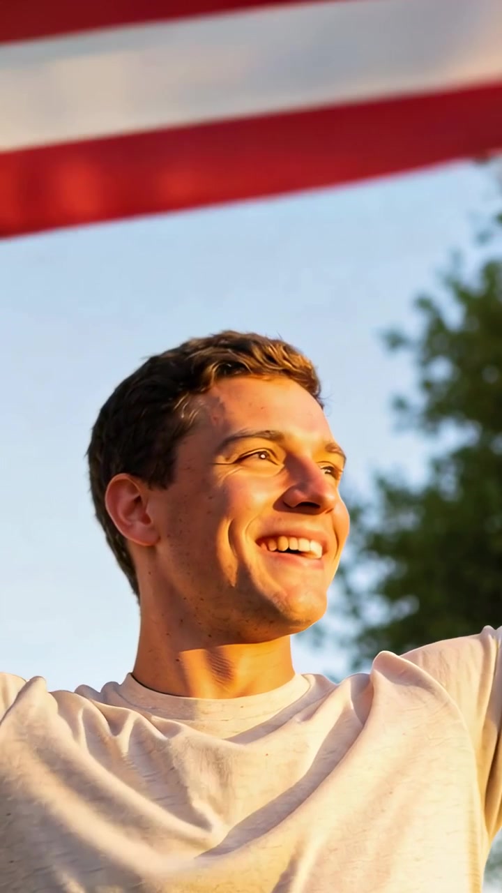 Video verticale: Uomo sorridente in maglietta che issa una bandiera degli Stati Uniti in un parco al tramonto, il suo sorriso che accompagna l'alzata della bandiera.