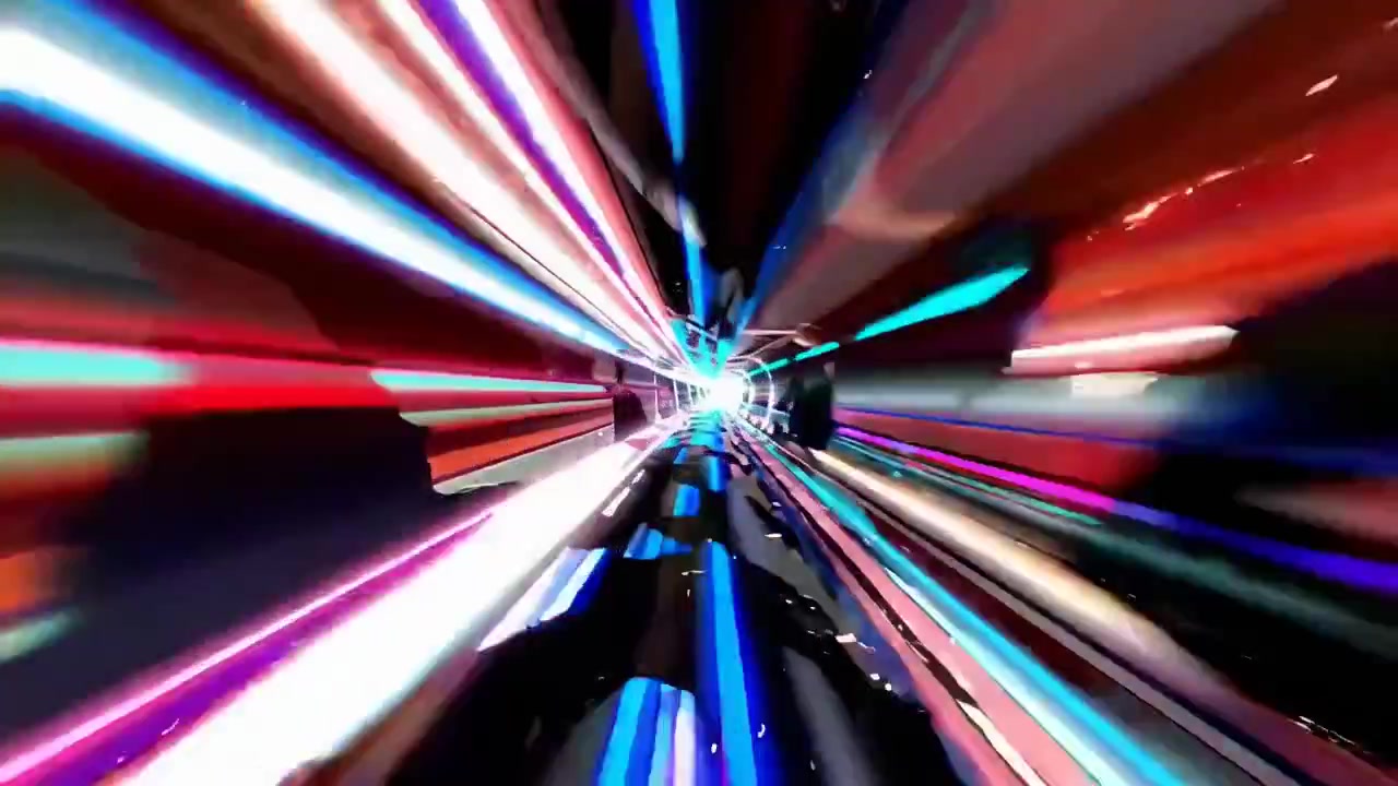 Volando attraverso un vibrante tunnel di luci al neon