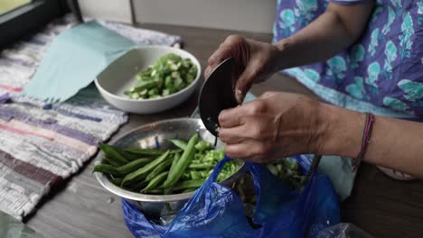 weathered hands of women slicing greens beans using