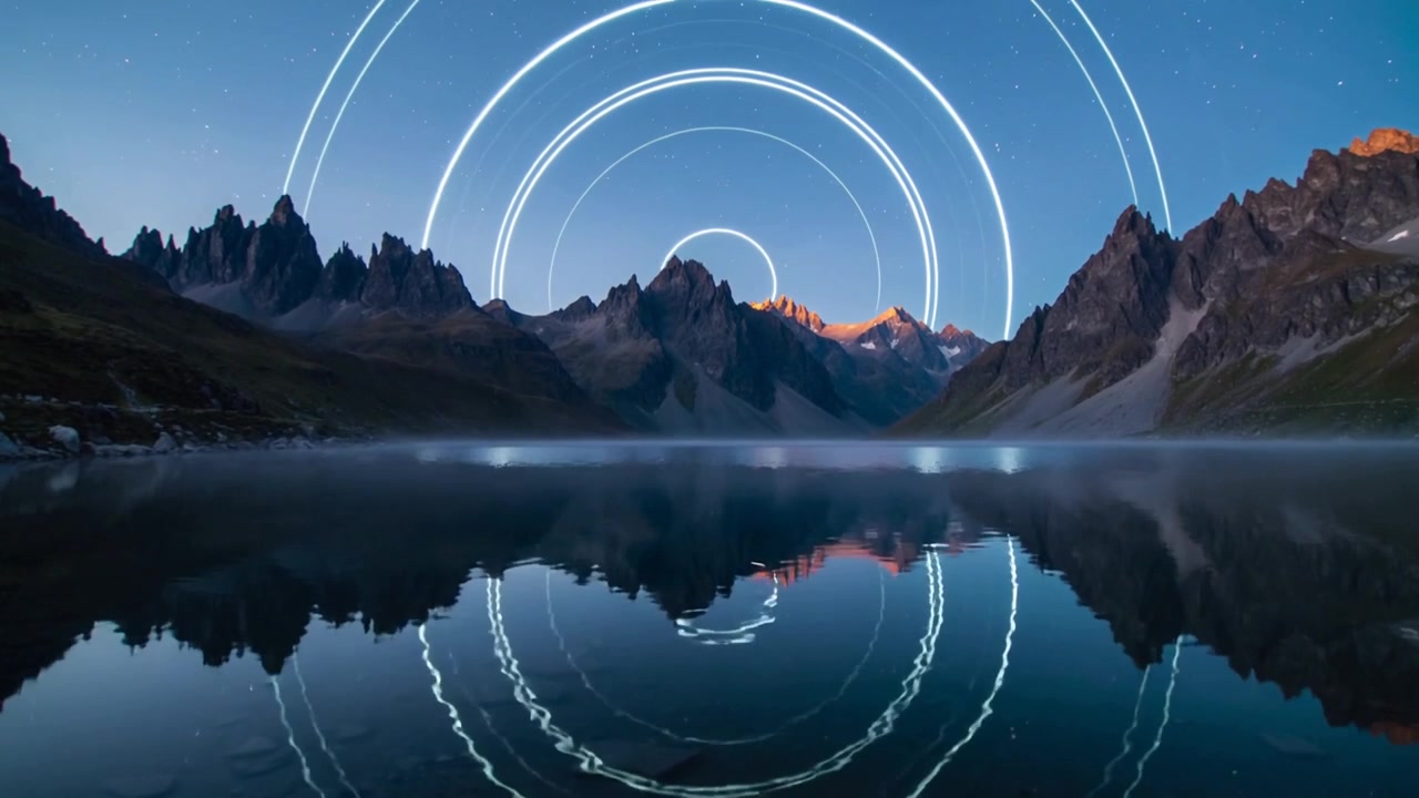 Growing concentric rings appearing above peak at twilight, mirroring alpine lake, creating ripples