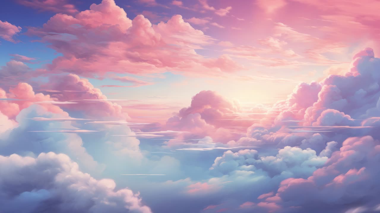 A dreamy, pastel-colored sky with fluffy clouds at sunset, captured from a low angle