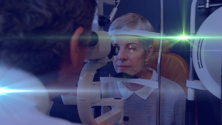 Animation of light spots over caucasian woman and doctor