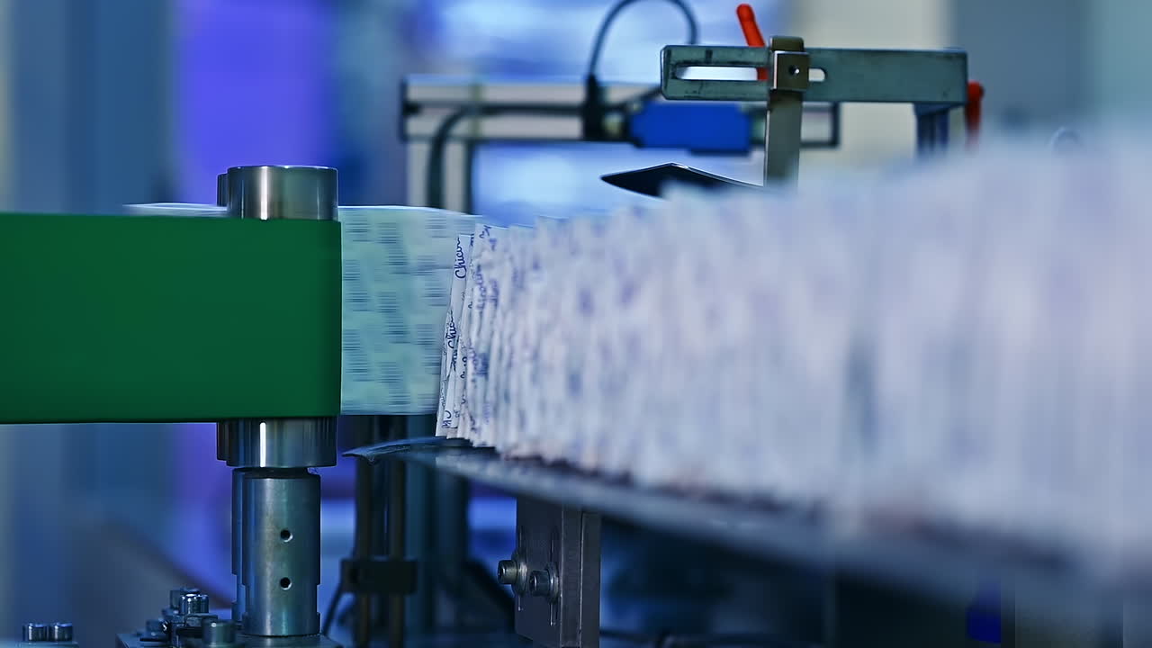 Rotating rollers push already packed individual diapers to the conveyor. Diapers put in a stack on the conveyor belt. Close up.