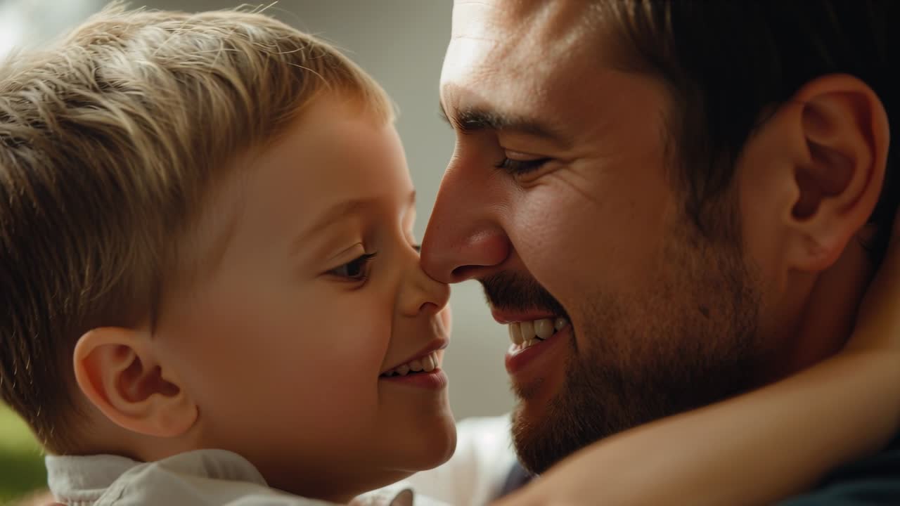 Bambino sorridente che abbraccia il padre, appoggiando fronte a naso a casa, in un momento di affetto; lui in camicia chiara, il padre in top scuro.