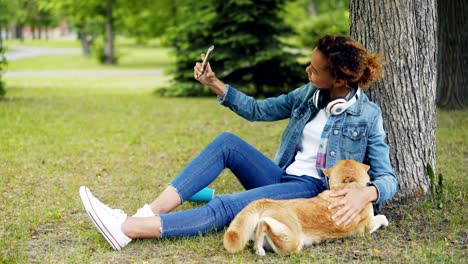 pretty young woman african american student is making video call using smartphone and petting her dog sitting on lawn in park. modern communication and pets concept.