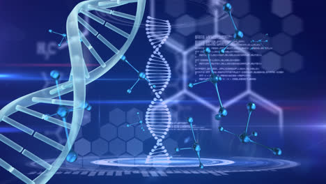 animation of dna strand, medical data processing and chemical molecules on blue background
