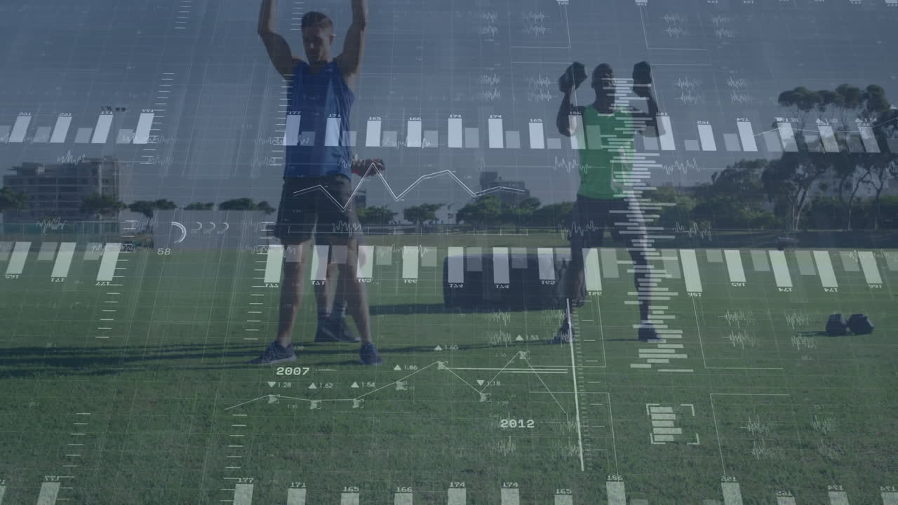 Three men performing strength training outdoors, showing floating data charts and dumbbells