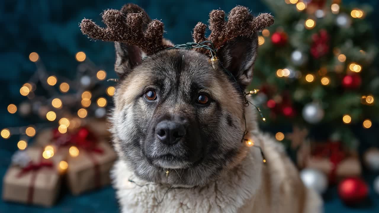 A Festive Dog with Reindeer Antlers Surrounded by Christmas Lights and Gifts, Capturing the Joyous Holiday Spirit in a Beautiful Indoor Setting