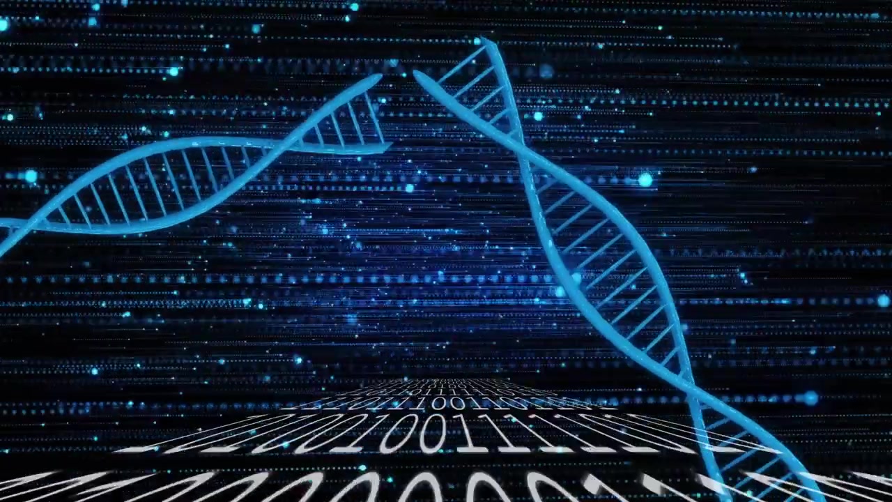 Emerging from edges, 3D DNA helices converging rotating separating representing gene data exchange