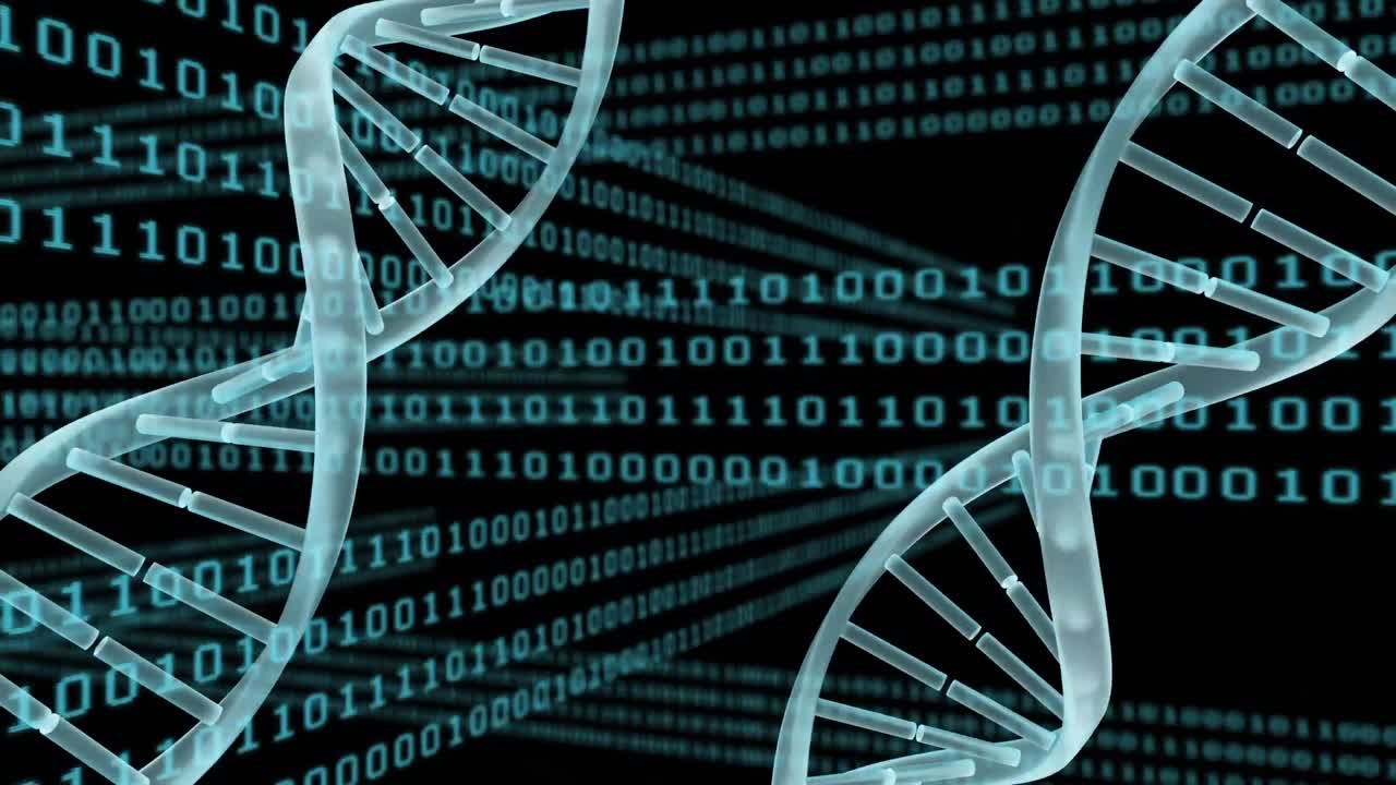 Spinning DNA against binary codes and black background