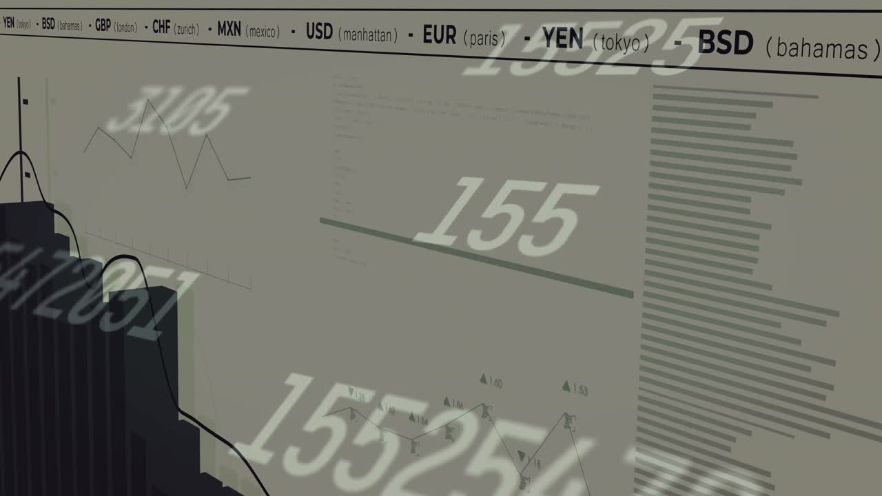 Animazione di elaborazione dati finanziari su sfondo bianco.