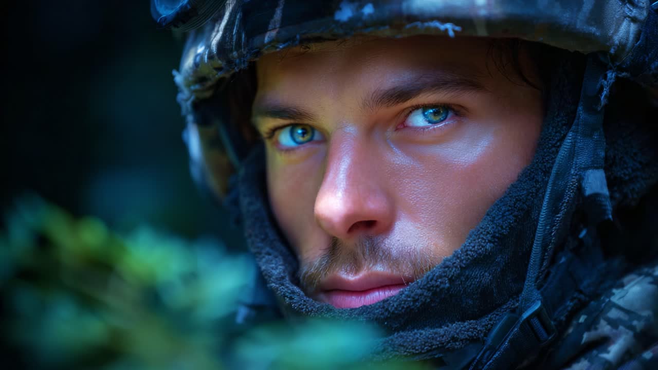 Captivating Close-Up of a Soldier in Camouflage Gear, Showcasing Intense Blue Eyes and Focused Expression Amidst a Dense, Lush Background