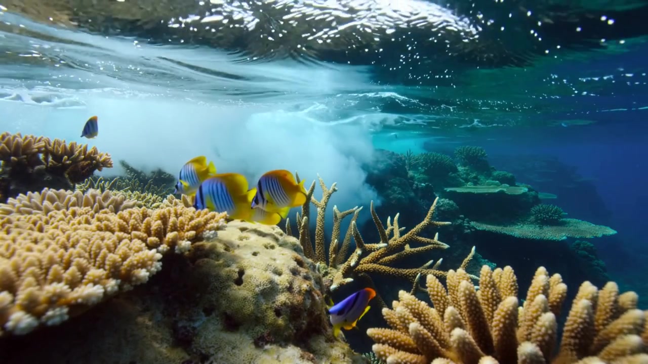 Peces de arrecife nadando entre corales cuerno de ciervo ramificados en una laguna poco profunda, mientras una columna de burbujas asciende.