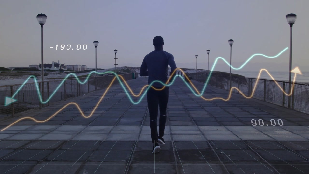 Runner starting dawn seaside run, monitoring fitness performance metrics with teal-yellow graphs