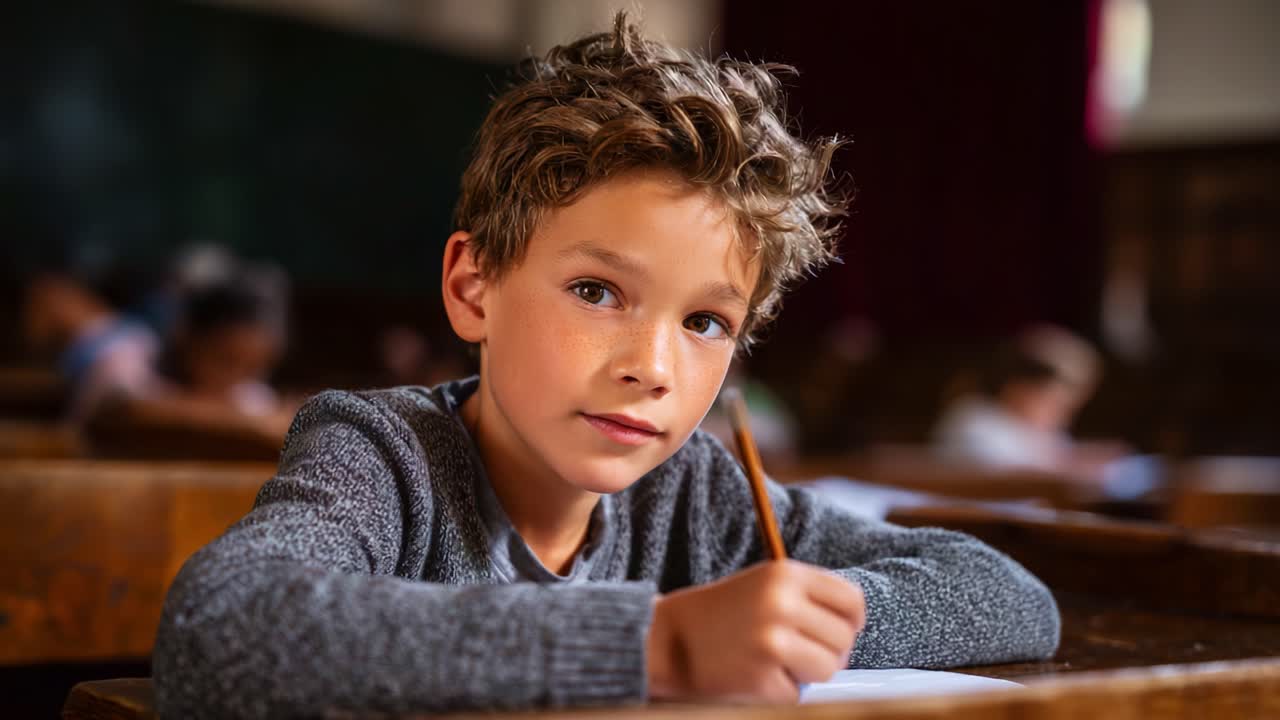 Un ragazzino con i capelli ricci concentrato nello scrivere in classe, che mostra concentrazione e l'importanza dell'istruzione durante un test o un esame