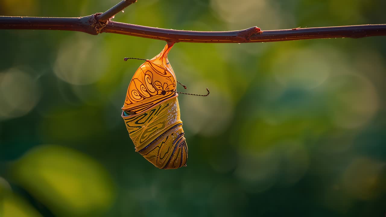 Swaying golden chrysalis on twig in garden, showing banding and filament from breeze and sunlight