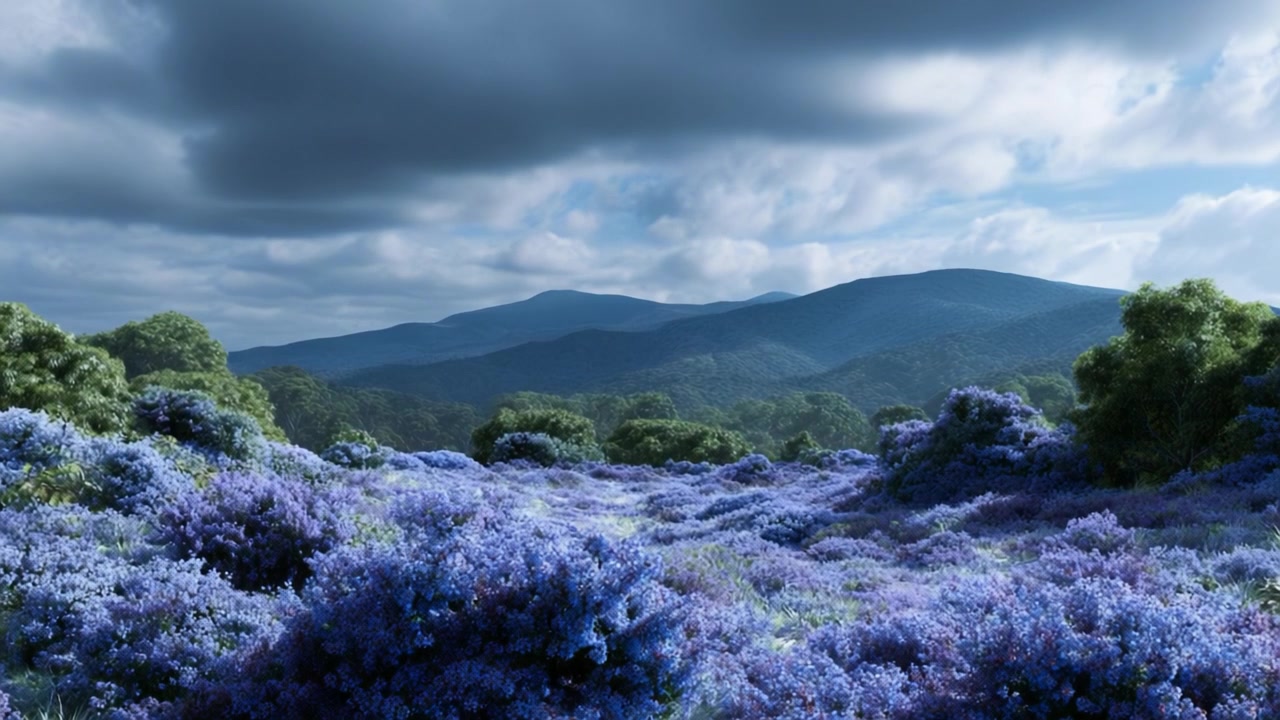 Majestetisk landskap med bølgende åser og levende blå flora under en dramatisk himmel fanget i to distinkte rammer, som fremhever naturlig skjønnhet og ro