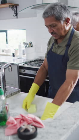 vertical video of happy senior biracial couple washing dishes