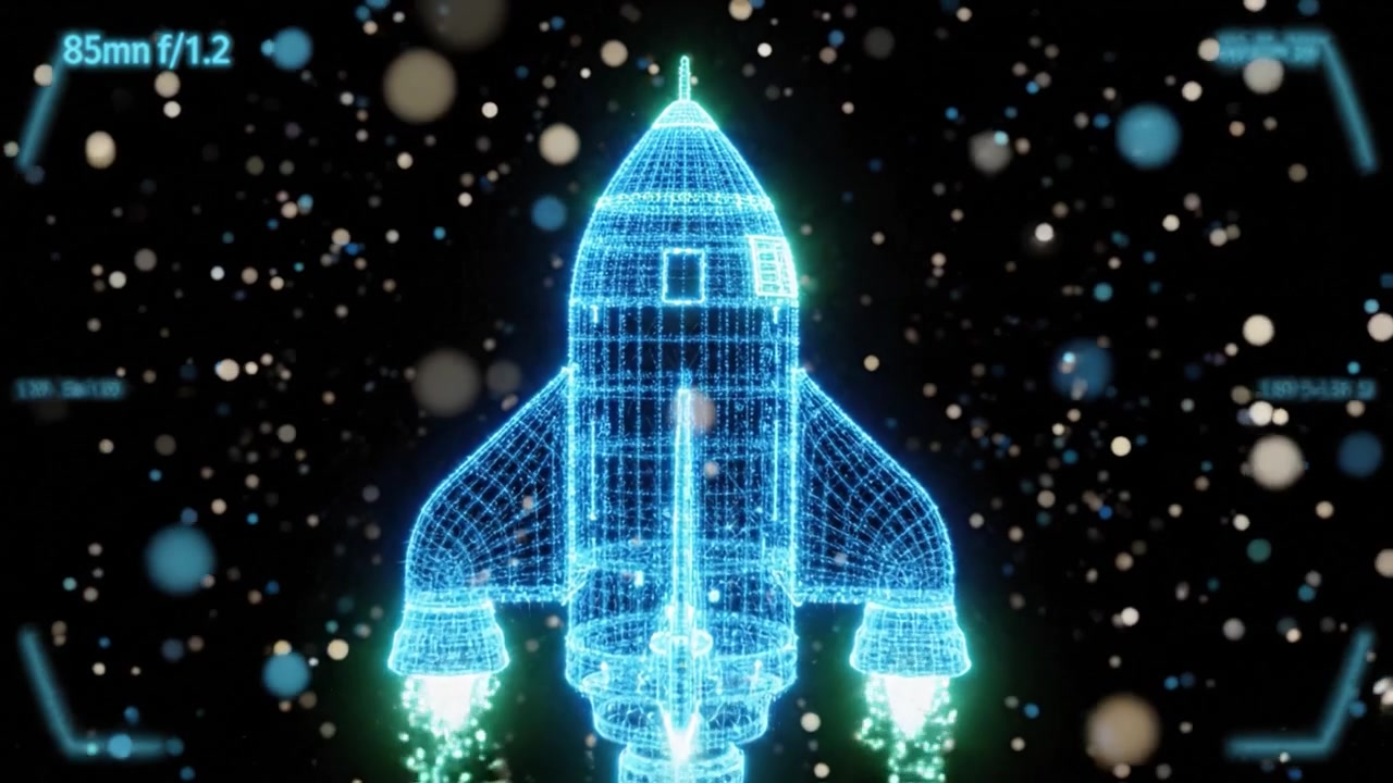 Futuristic 3D Render of a Rocket in Space, Featuring a Glowing Wireframe Design Against a Dark Background Filled with Stylized Particles and Light Effects.