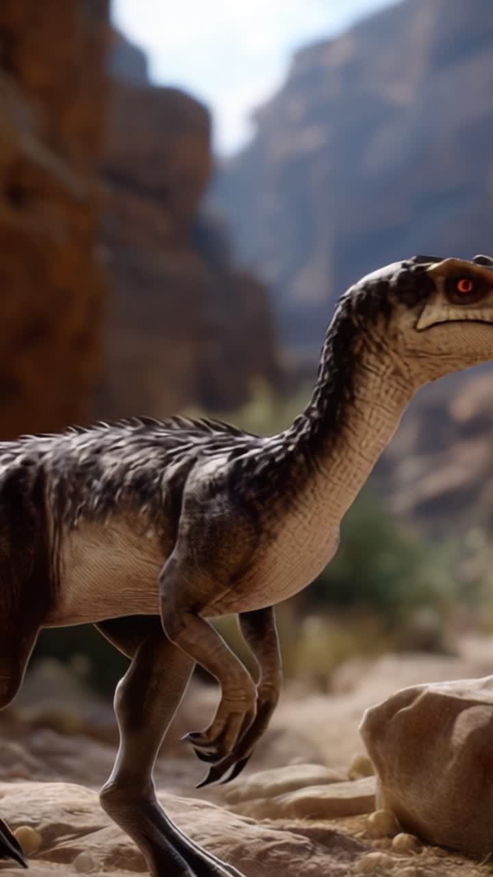 Una rappresentazione realistica di un dinosauro dell'era Giurassica che esplora il suo habitat naturale in un paesaggio cinematografico di montagne rocciose e vegetazione lussureggiante.