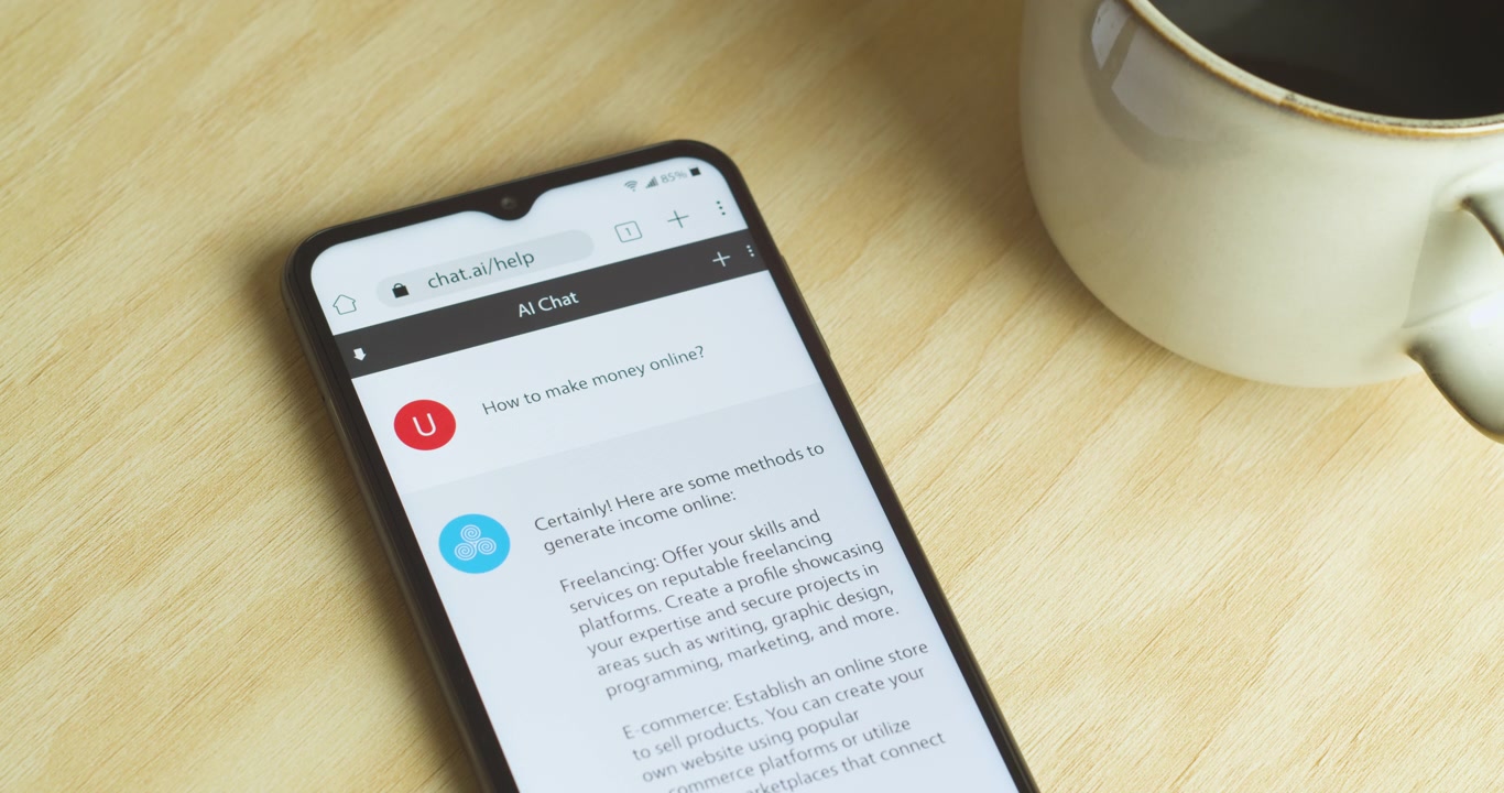 Intelligenza Artificiale - App chatbot IA su smartphone - Interfaccia telefono e app royalty-free - Primo piano medio, caffè - "Come fare soldi online?"