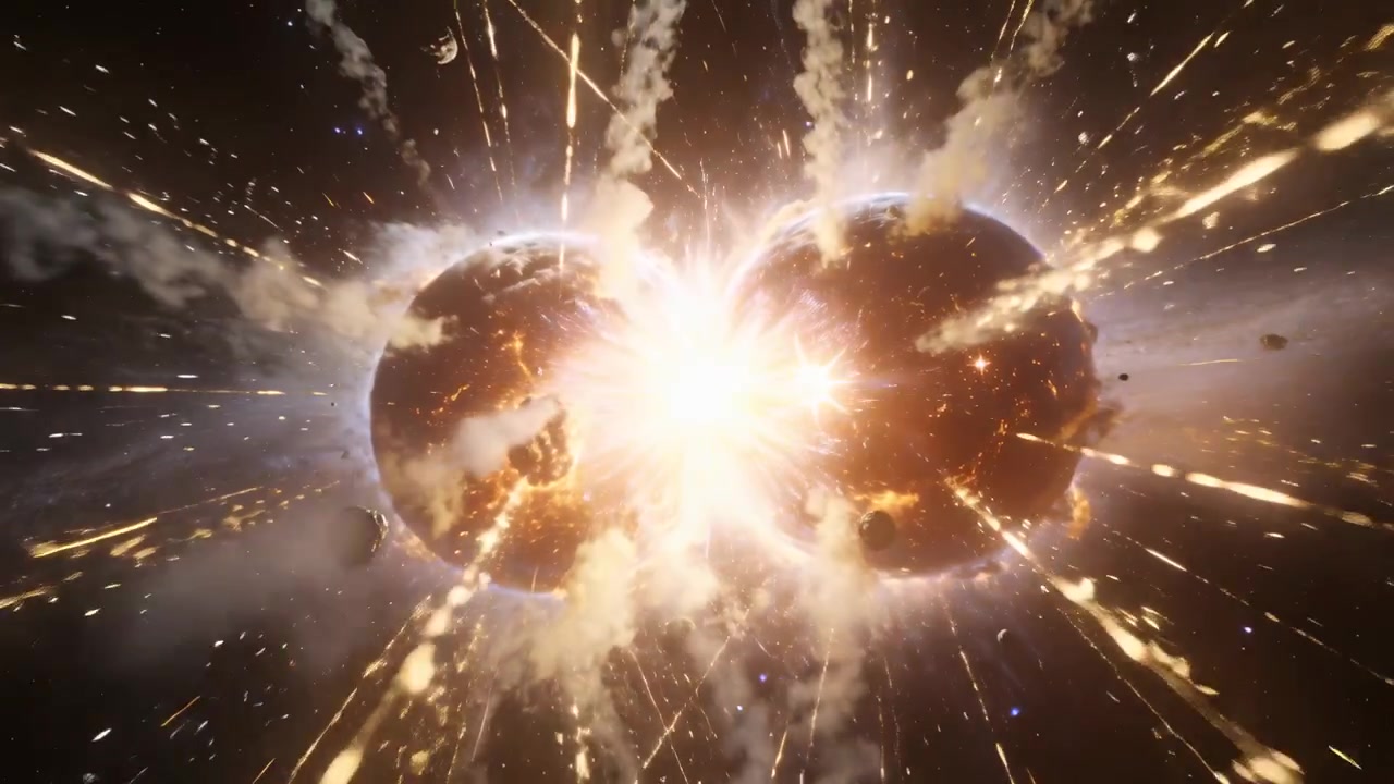 Seam igniting, colliding planets releasing molten ejecta and ion rim during collision in deep space