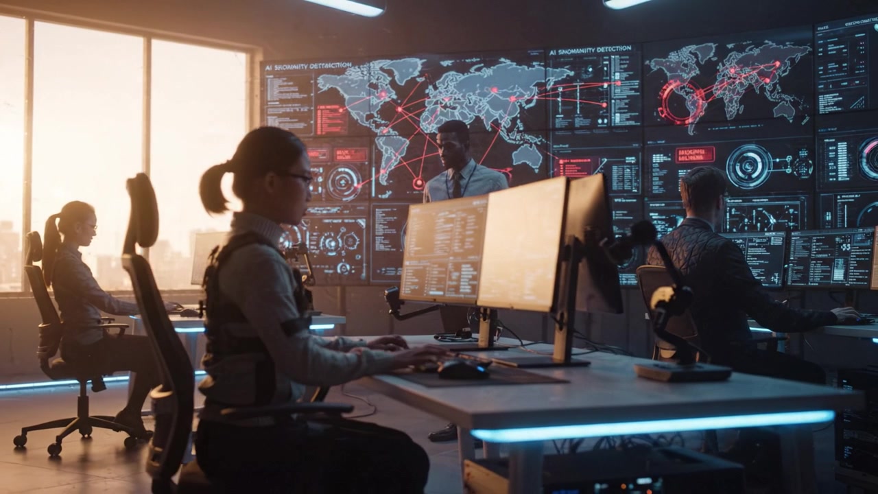 High-Tech Control Room with Analysts Monitoring Global Data Flow and Cybersecurity Threats in a Futuristic Environment with Multiple Screens and Displays