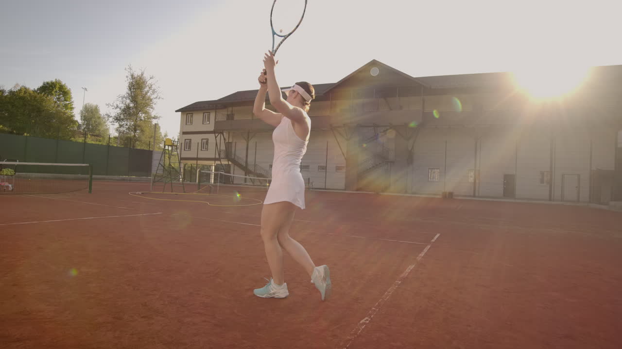 Professional equipped female beating hard the tennis ball with tennis racquet. Professional equipped female beating hard the tennis ball with tennis racquet