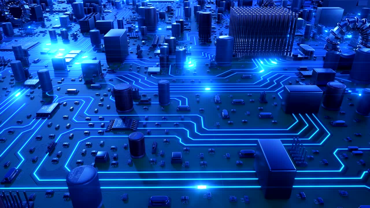 hermoso vuelo sobre la placa base con luces azules en ejecución. animación en bucle 3d de la placa de circuitos con llamaradas. tecnología y concepto digital.