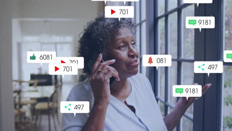 notificaciones de redes sociales animación sobre mujer hablando por teléfono por la ventana