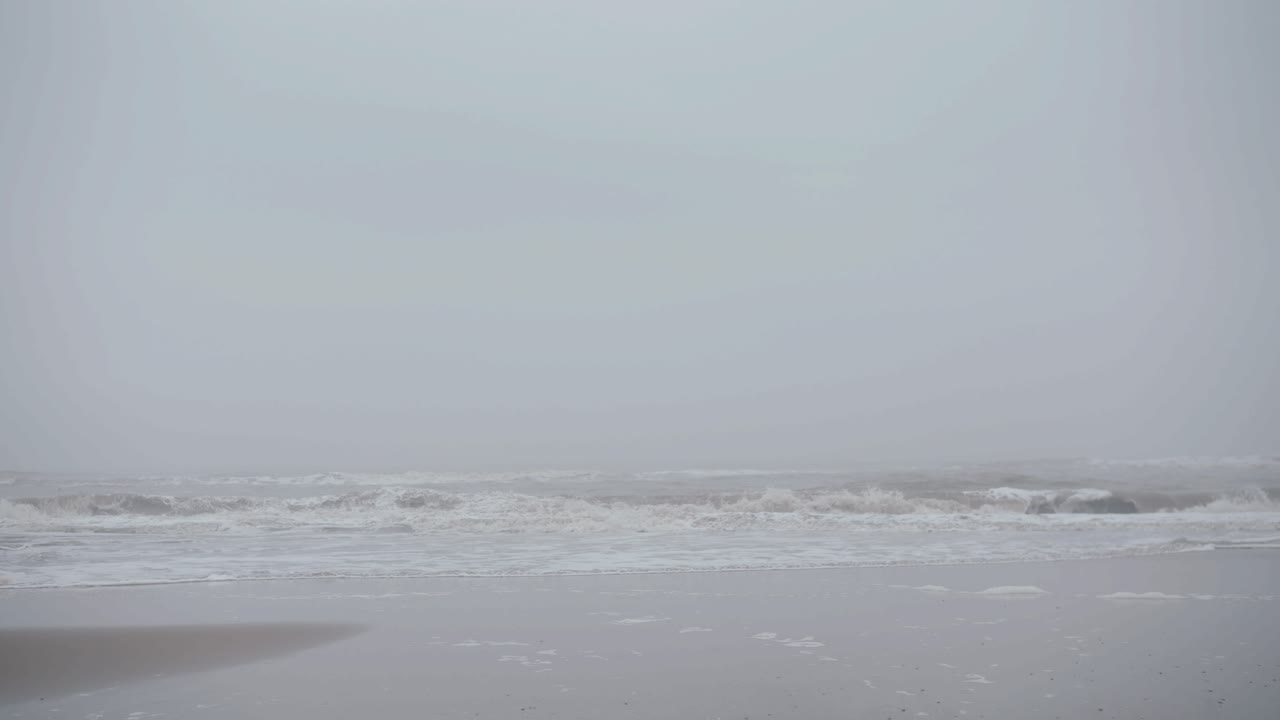 슈퍼 안개 아침에 들어오는 파도의 해변에서 볼 수 있습니다.