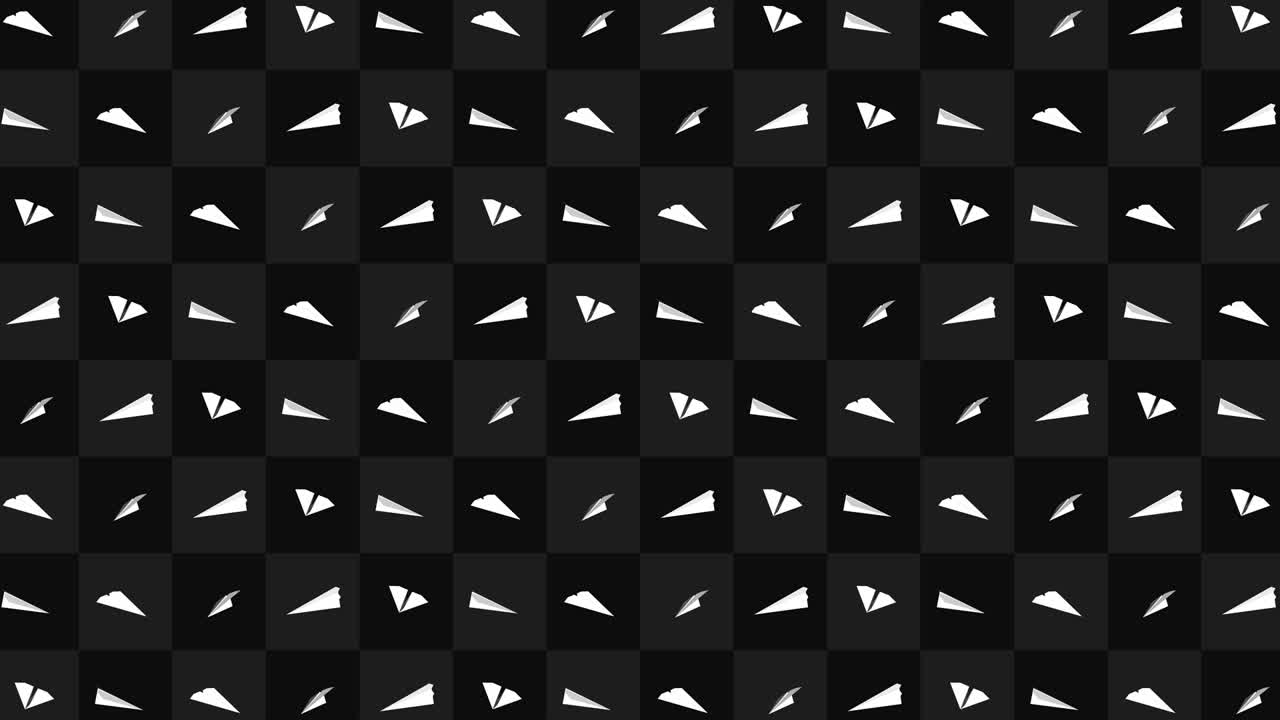 Collezione di aeroplanini di carta fatti a mano. Animazione in loop di aeroplanini di carta bianchi che volano su sfondo nero. Concetto di connessione aziendale. Aeroplanino origami che vola