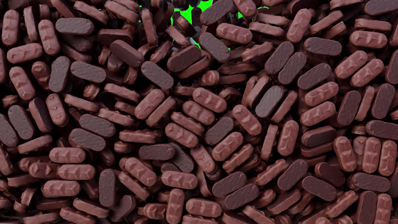 초콜릿이 위에서 떨어지고 화면을 가득 채우고 초록색 스크린 배경 패턴 텍스처.