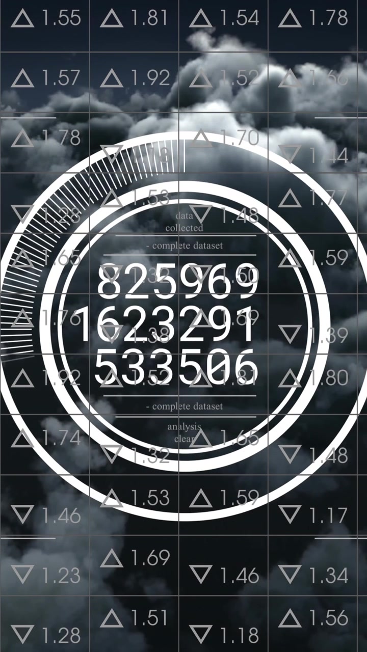 Animation of changing numbers in circles with currency names over trading board against dense clouds