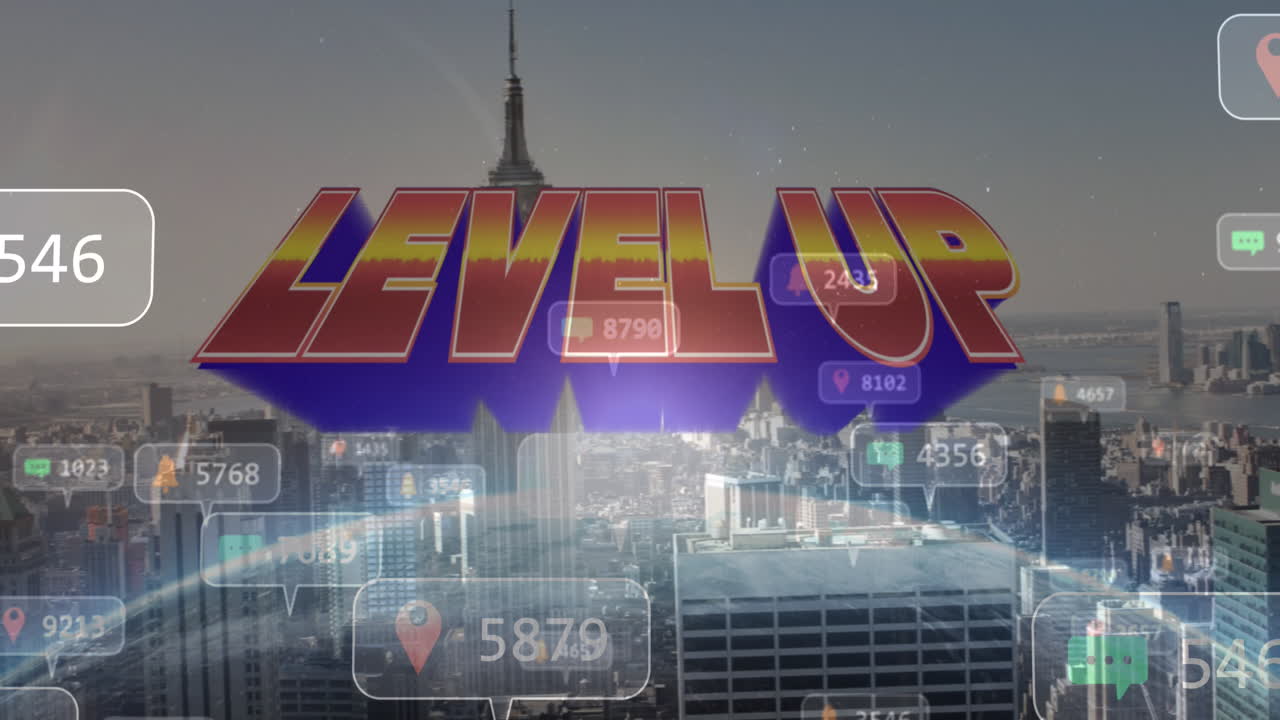 도시 풍경에 대한 레벨 업 및 소셜 미디어 반응의 애니메이션