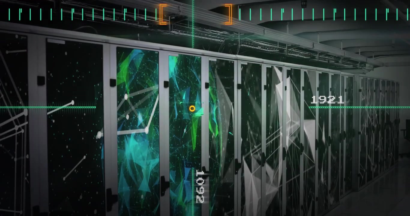 Animation of green scanner over plexus networks against computer server room