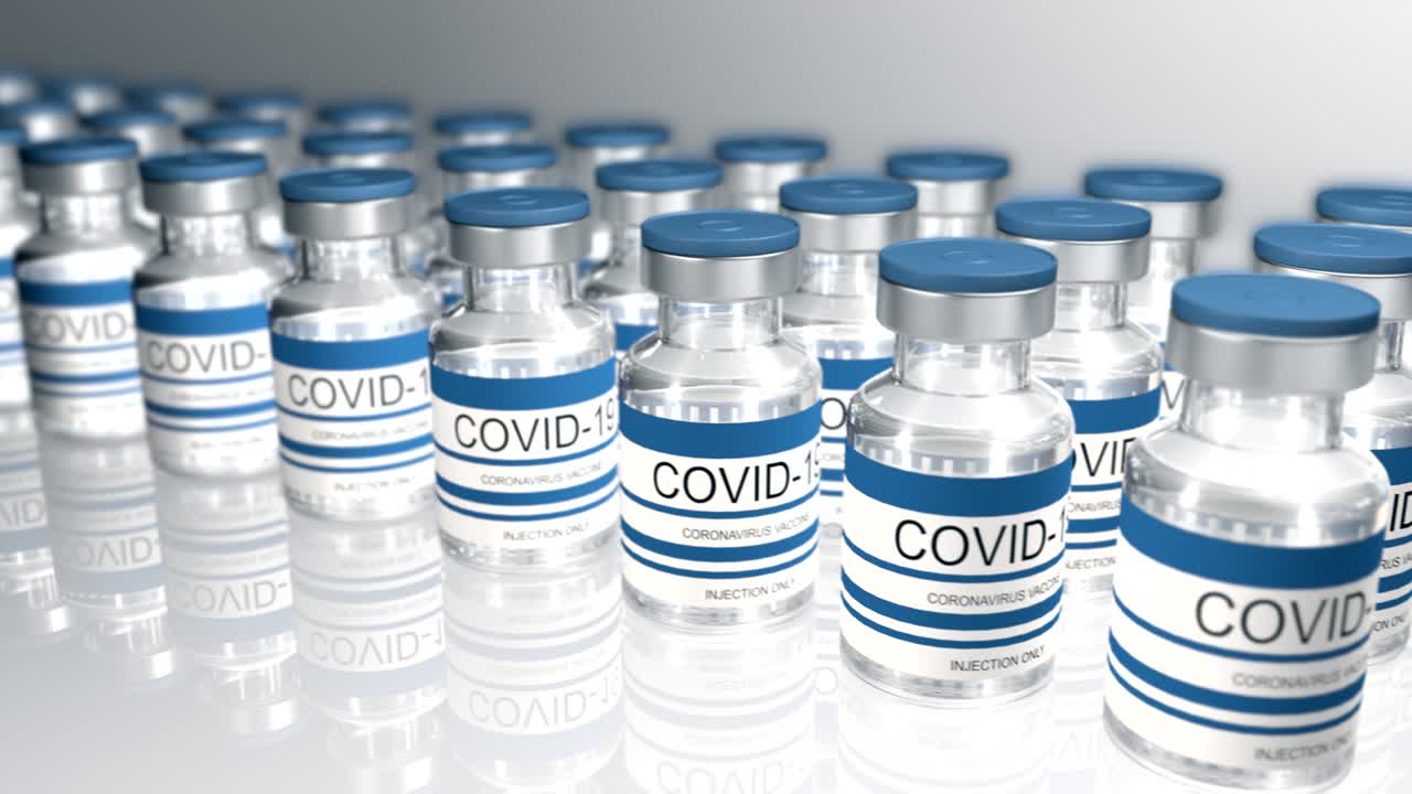 Blue bottles coronavirus vaccine COVID-19. Glass vials with sars-cov-2 vaccine. seamless loop 3d render for video editing, loop for video editing, loop